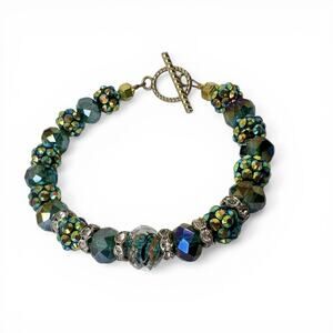 Beaded Bracelet Iridescent AB Green Blue Sparkly Statement Toggle Clasp Shimmer
